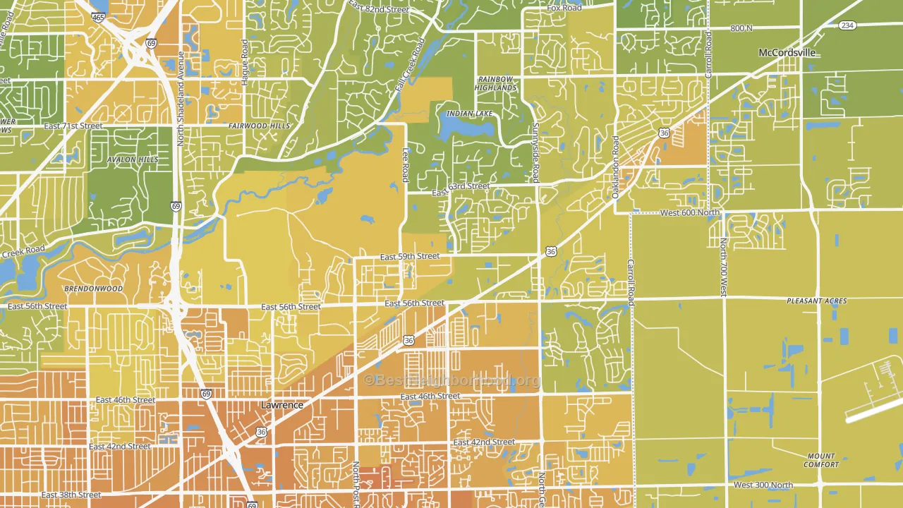 Map of the best neighborhoods in the Lawrence area, with better matches in green and worse matches in red