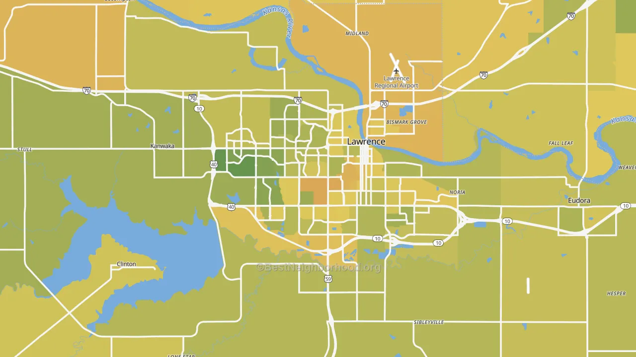 Map of the best neighborhoods in the Lawrence Metro area, with better matches in green and worse matches in red