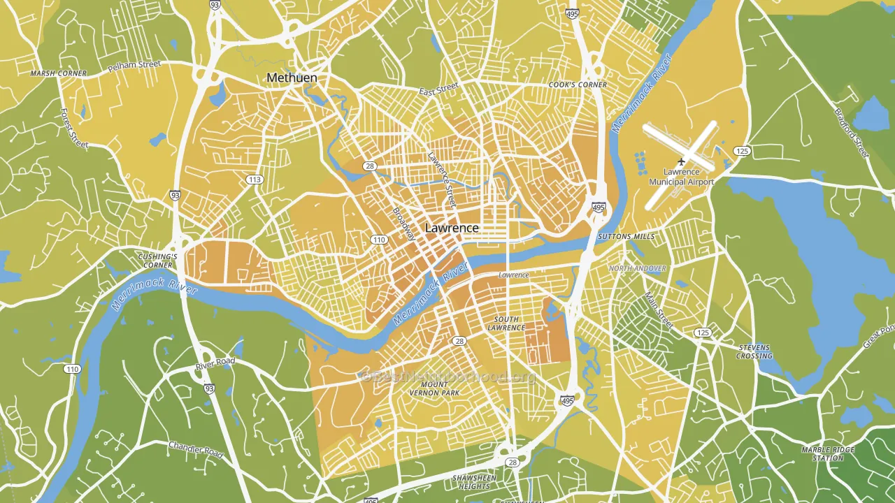 Map of the best neighborhoods in the Lawrence area, with better matches in green and worse matches in red