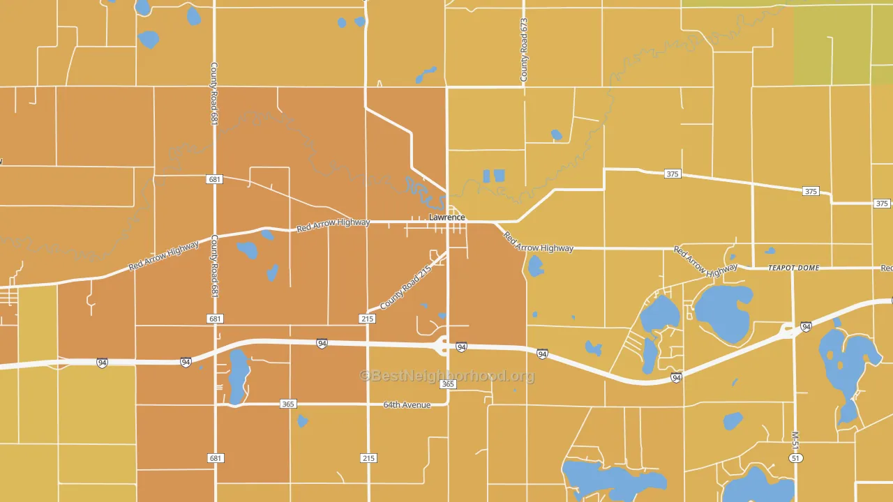 Map of the best neighborhoods in the Lawrence area, with better matches in green and worse matches in red