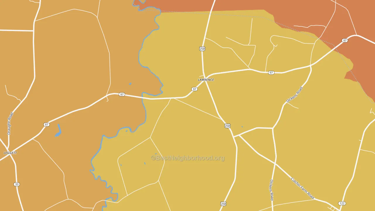 Map of the best neighborhoods in the Lawrence area, with better matches in green and worse matches in red