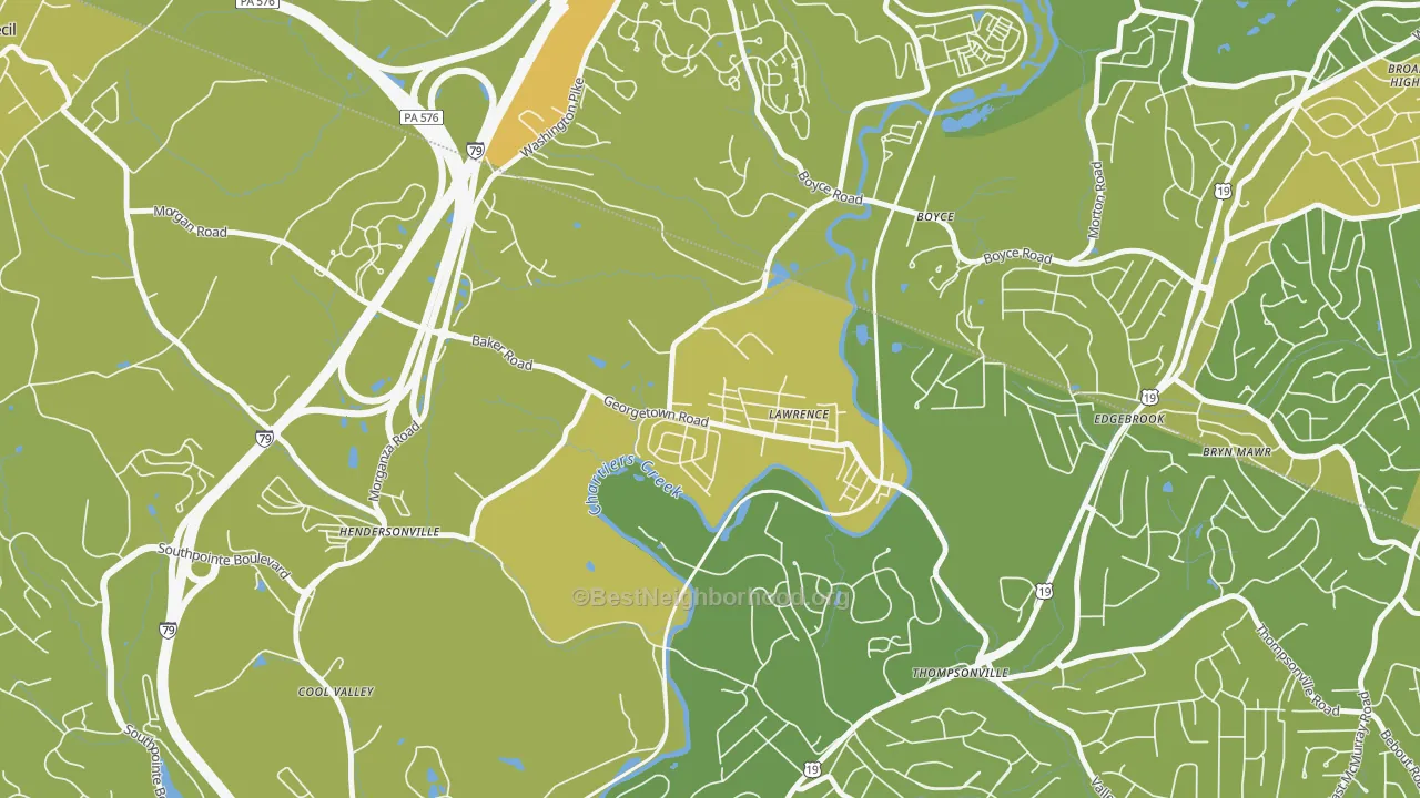 Map of the best neighborhoods in the Lawrence area, with better matches in green and worse matches in red