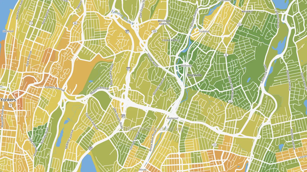 Map of the best neighborhoods in the Lawrence Park, Bronxville area, with better matches in green and worse matches in red