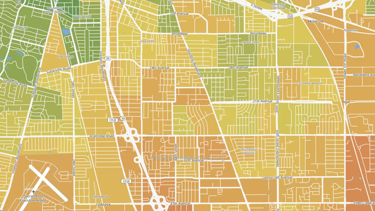 Map of the best neighborhoods in the Lawrence Park, Sacramento area, with better matches in green and worse matches in red