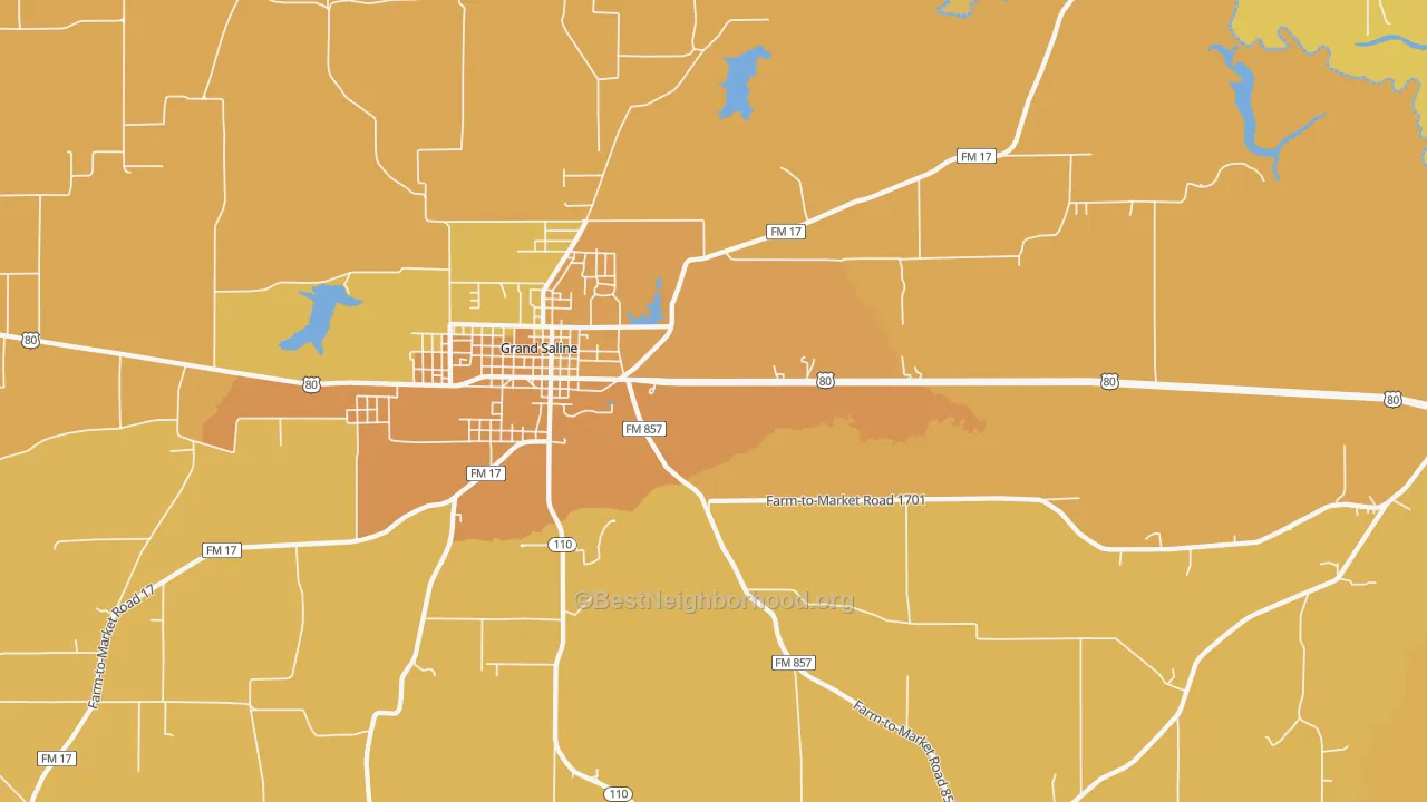Map of the best neighborhoods in the Lawrence Springs area, with better matches in green and worse matches in red