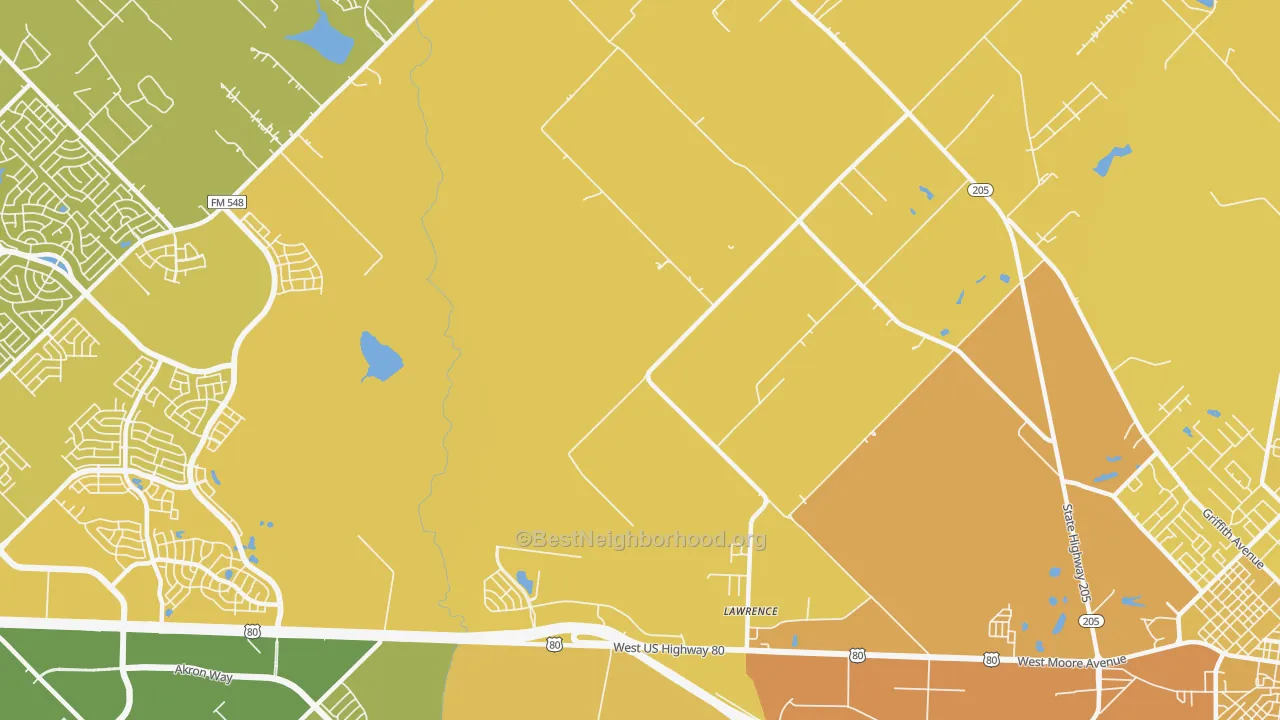 Map of the best neighborhoods in the Lawrence area, with better matches in green and worse matches in red