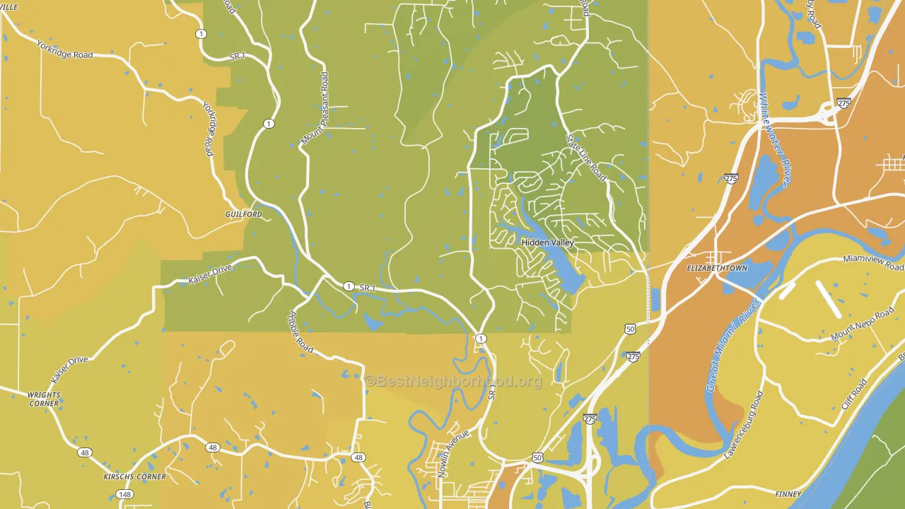 Map of the best neighborhoods in the Lawrenceburg area, with better matches in green and worse matches in red