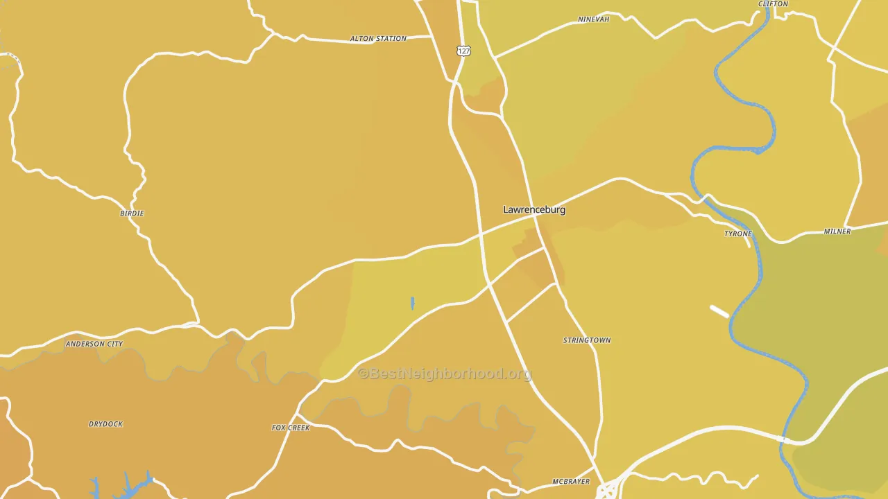 Map of the best neighborhoods in the Lawrenceburg area, with better matches in green and worse matches in red