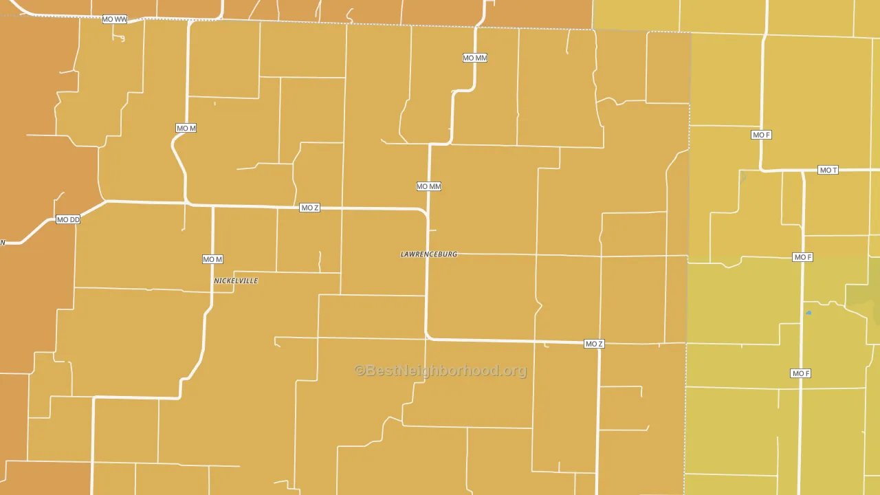 Map of the best neighborhoods in the Lawrenceburg area, with better matches in green and worse matches in red
