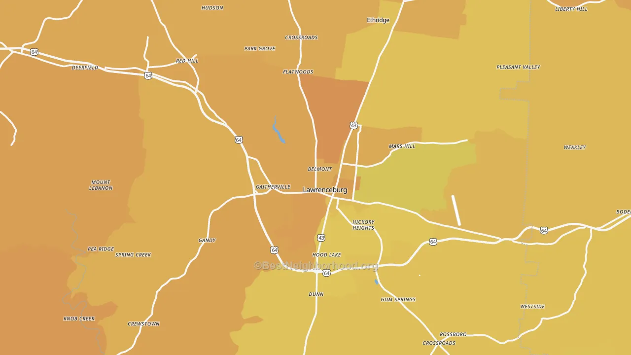 Map of the best neighborhoods in the Lawrenceburg area, with better matches in green and worse matches in red