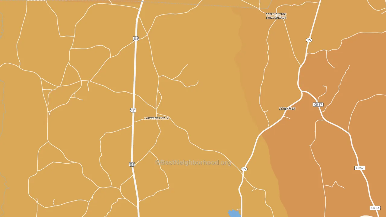 Map of the best neighborhoods in the Lawrenceville area, with better matches in green and worse matches in red