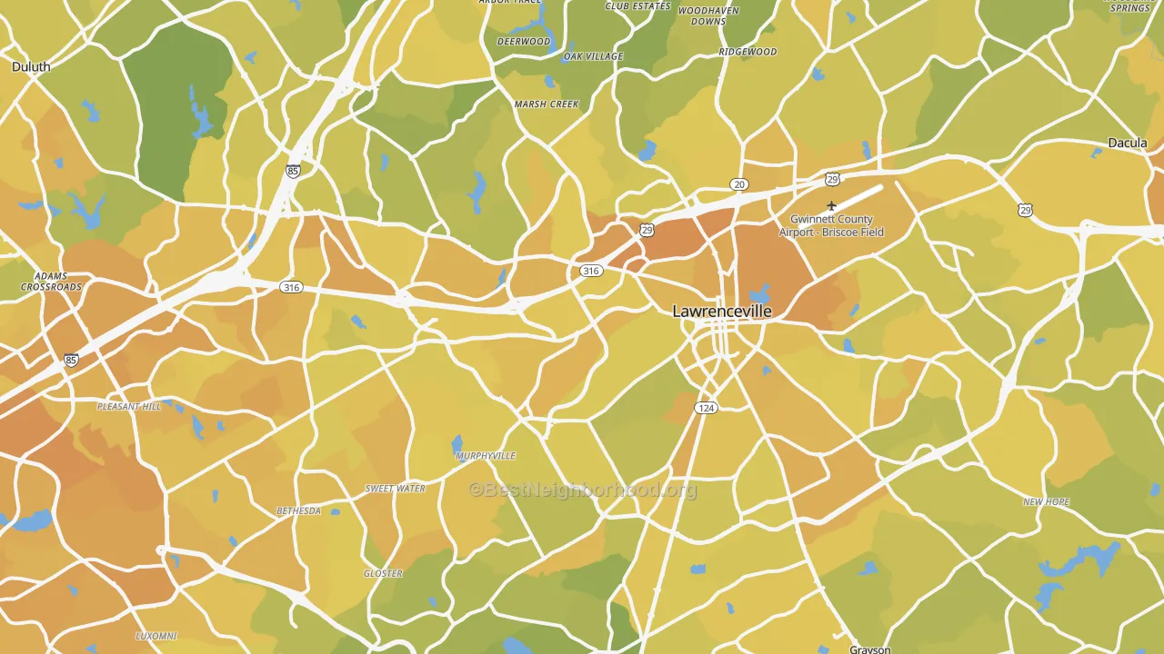 Map of the best neighborhoods in the Lawrenceville area, with better matches in green and worse matches in red