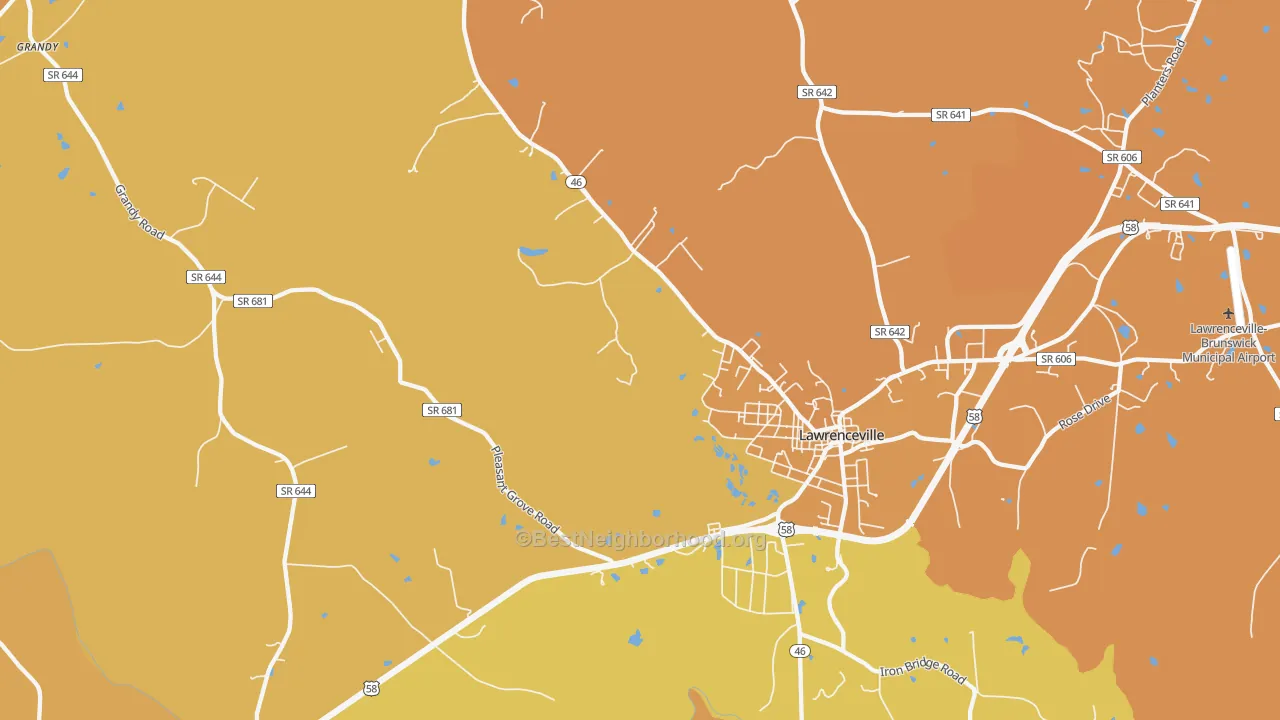 Map of the best neighborhoods in the Lawrenceville Hills area, with better matches in green and worse matches in red