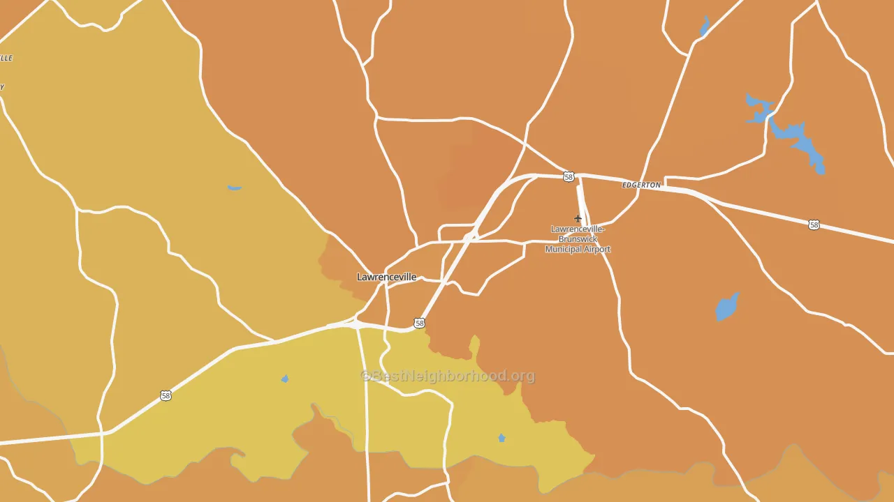 Map of the best neighborhoods in the Lawrenceville area, with better matches in green and worse matches in red