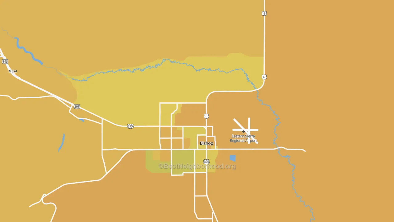 Map of the best neighborhoods in the Laws area, with better matches in green and worse matches in red