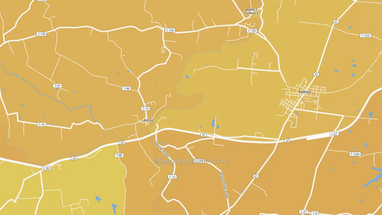 Map of the best neighborhoods in the Lawshe area, with better matches in green and worse matches in red