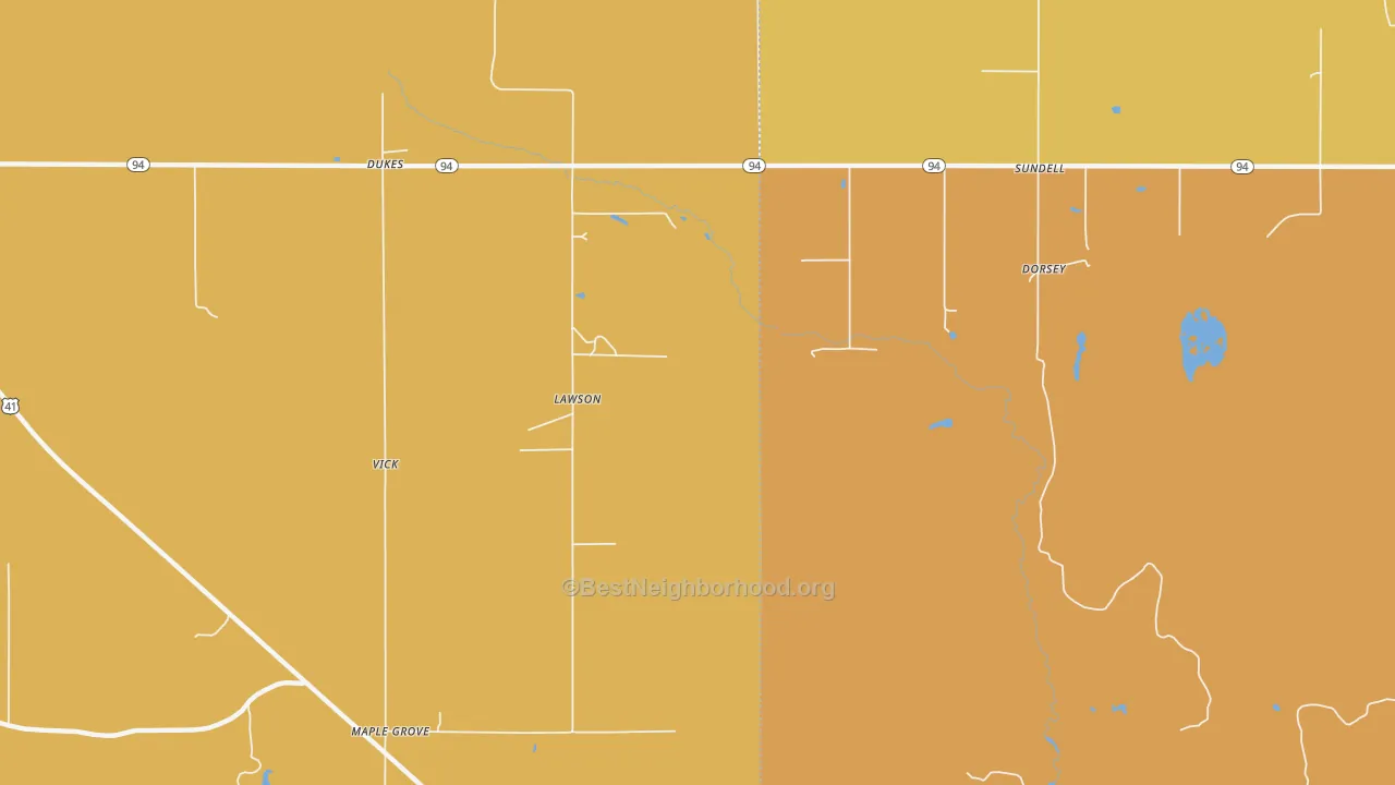 Map of the best neighborhoods in the Lawson area, with better matches in green and worse matches in red