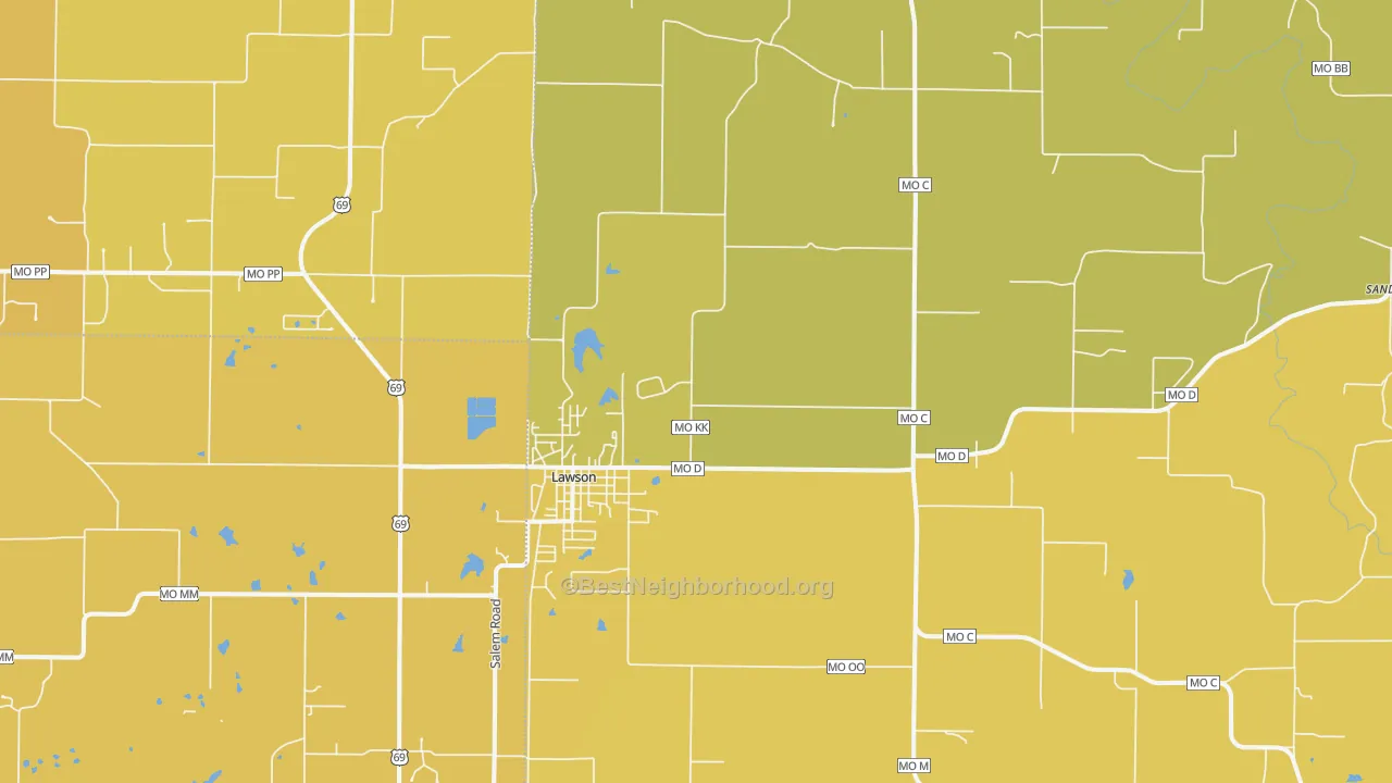 Map of the best neighborhoods in the Lawson area, with better matches in green and worse matches in red
