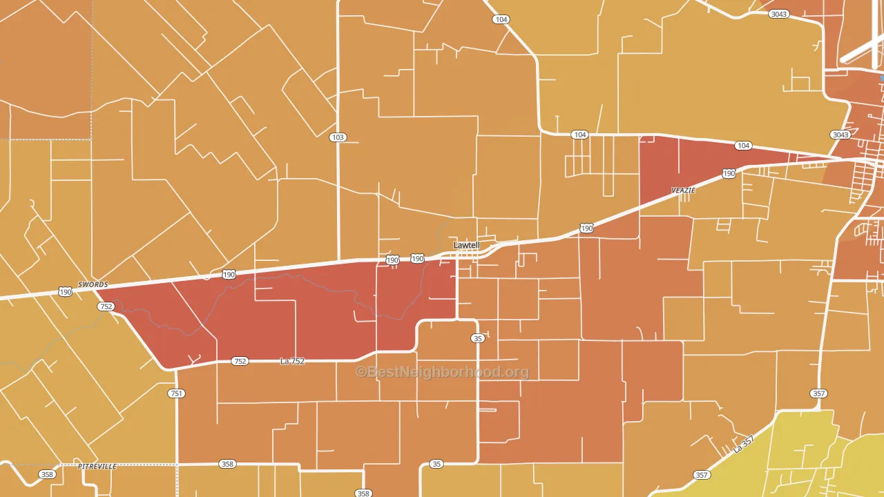 Map of the best neighborhoods in the Lawtell area, with better matches in green and worse matches in red