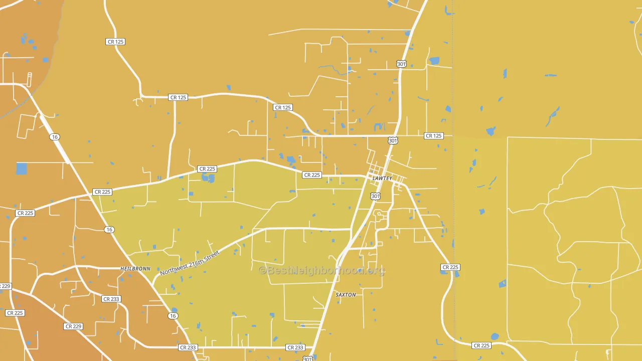 Map of the best neighborhoods in the Lawtey area, with better matches in green and worse matches in red