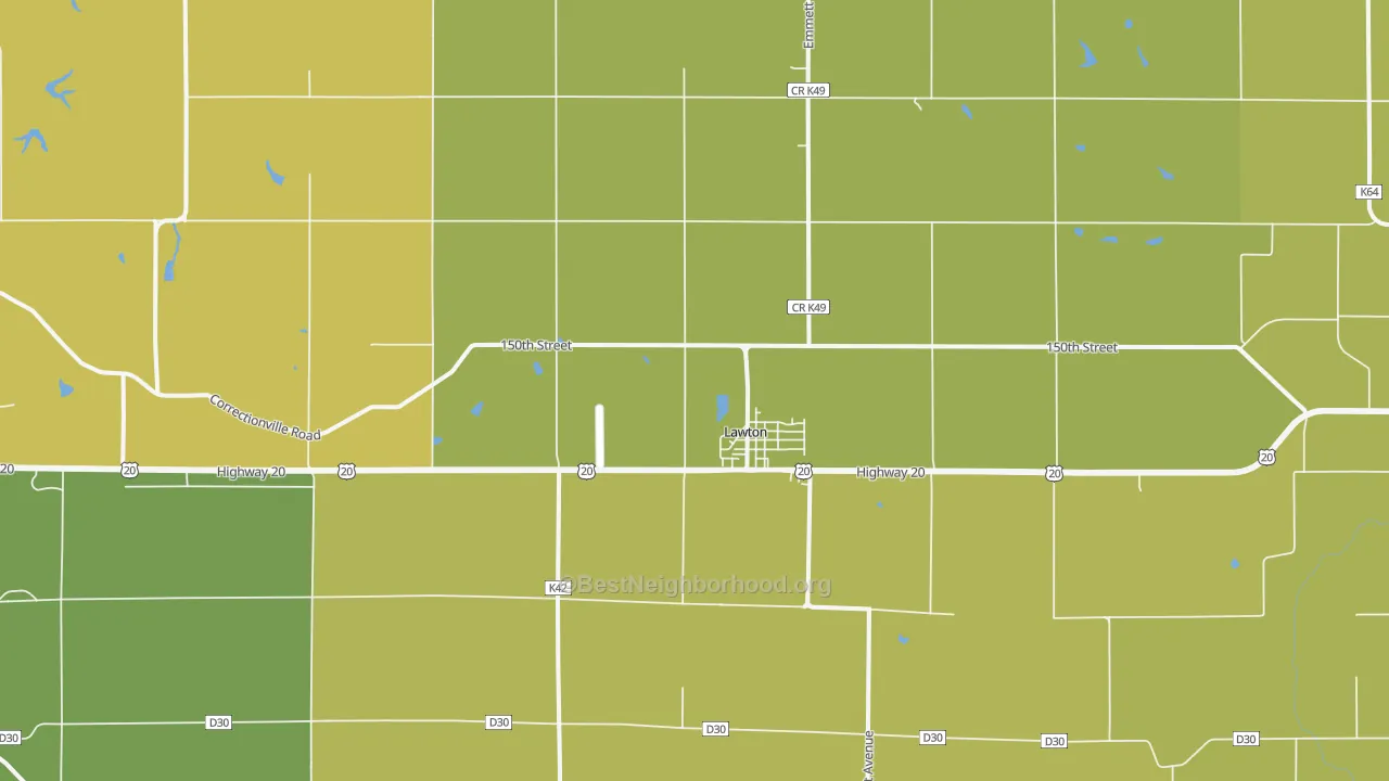 Map of the best neighborhoods in the Lawton area, with better matches in green and worse matches in red
