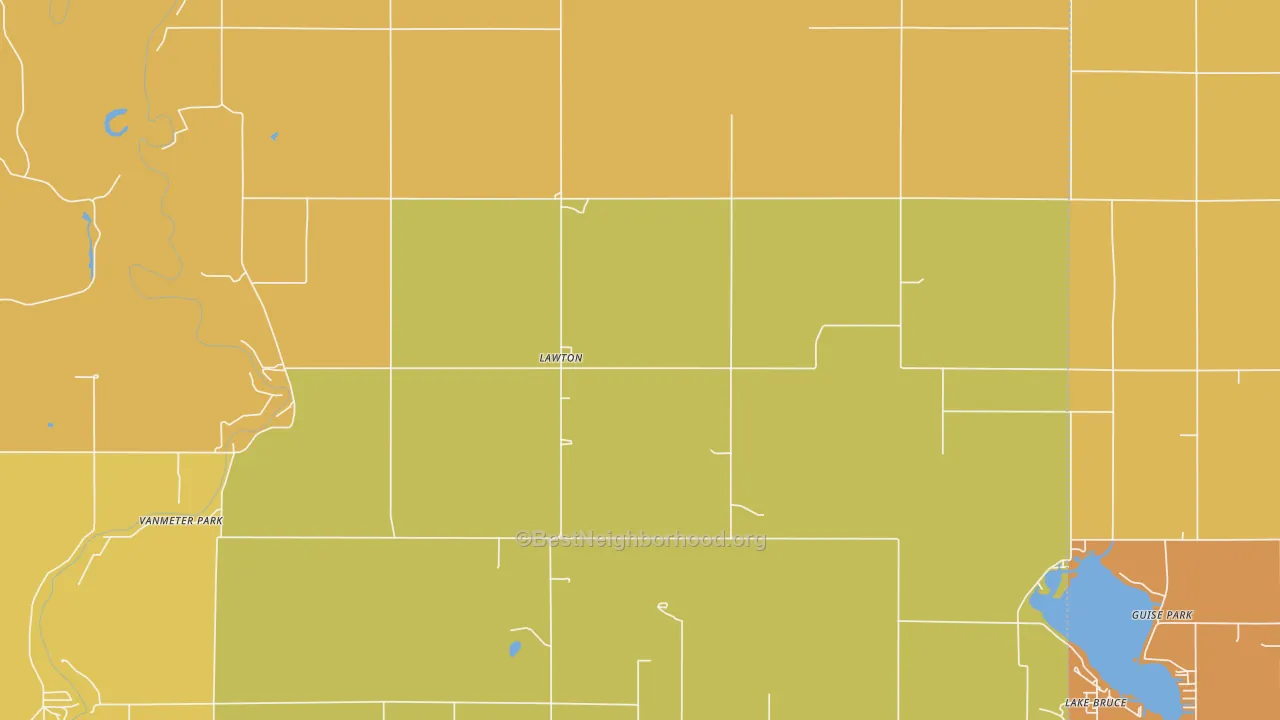 Map of the best neighborhoods in the Lawton area, with better matches in green and worse matches in red