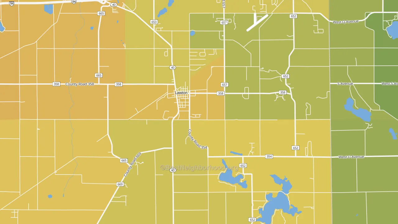 Map of the best neighborhoods in the Lawton area, with better matches in green and worse matches in red