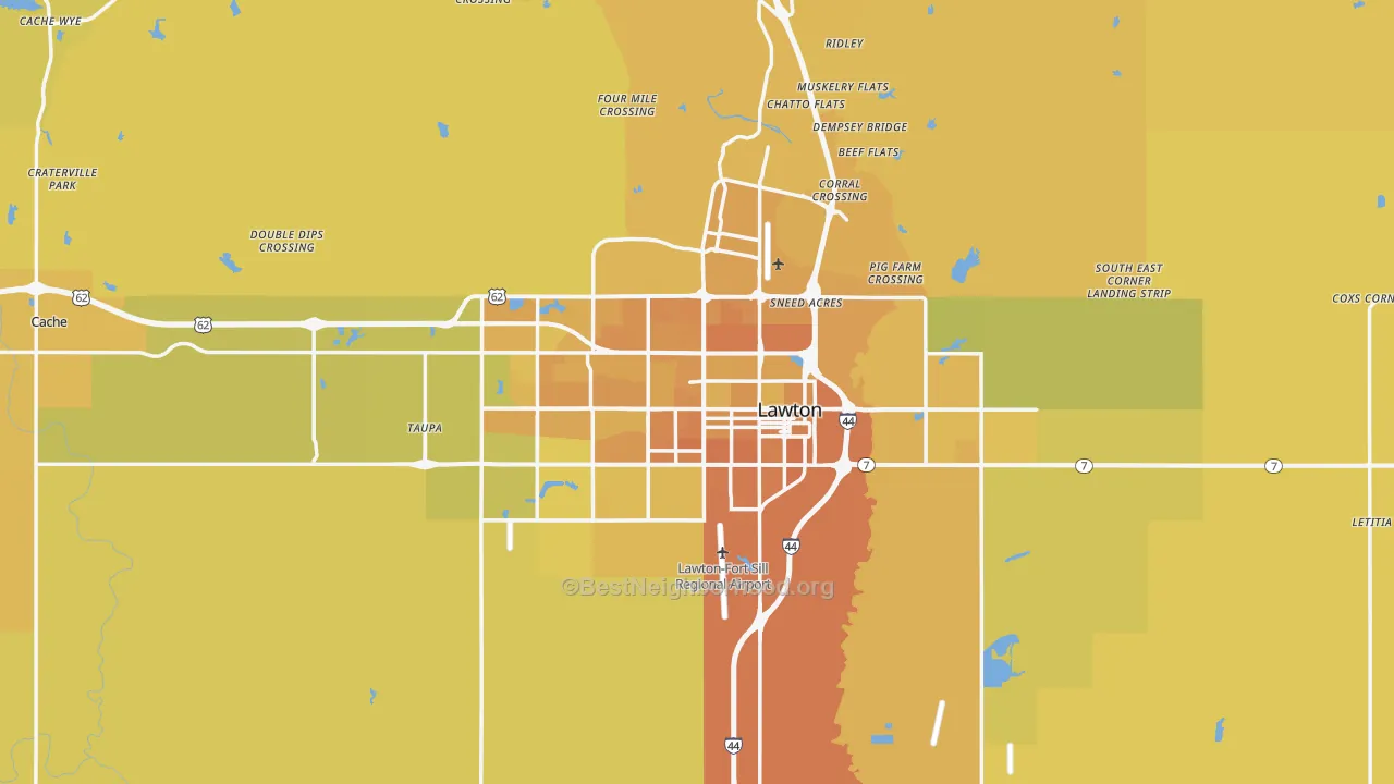 Map of the best neighborhoods in the Lawton Metro area, with better matches in green and worse matches in red