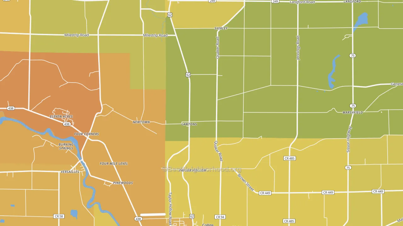 Map of the best neighborhoods in the Lawtons area, with better matches in green and worse matches in red