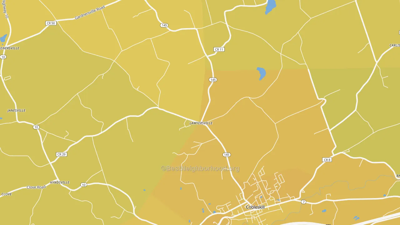 Map of the best neighborhoods in the Lawyersville area, with better matches in green and worse matches in red
