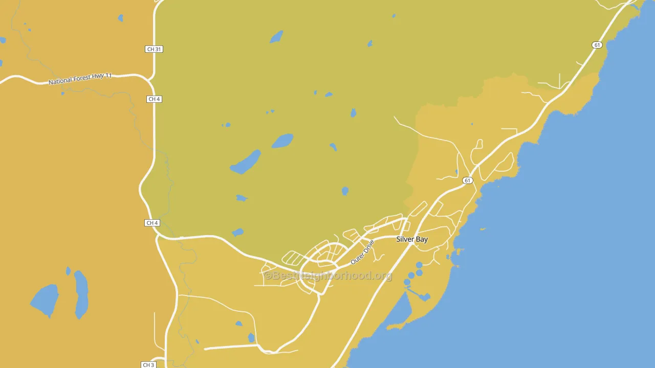 Map of the best neighborhoods in the Lax Lake area, with better matches in green and worse matches in red