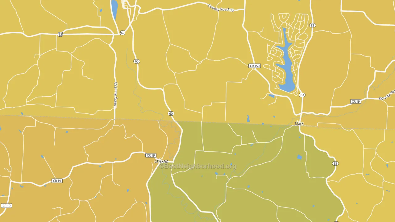 Map of the best neighborhoods in the Layland area, with better matches in green and worse matches in red