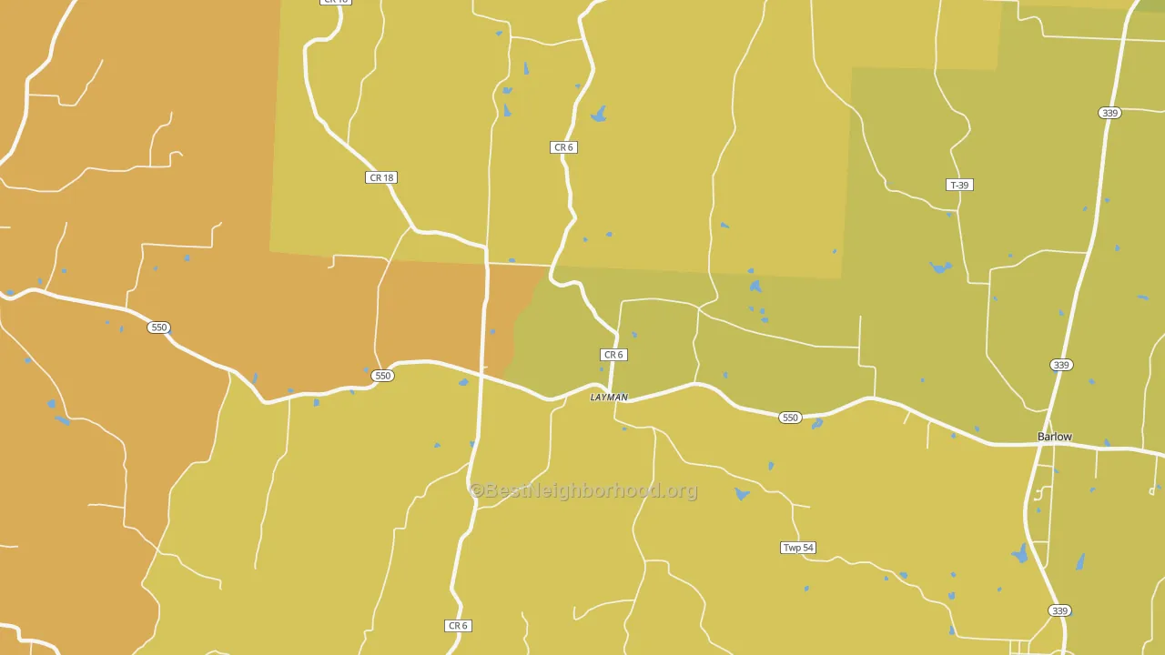 Map of the best neighborhoods in the Layman area, with better matches in green and worse matches in red