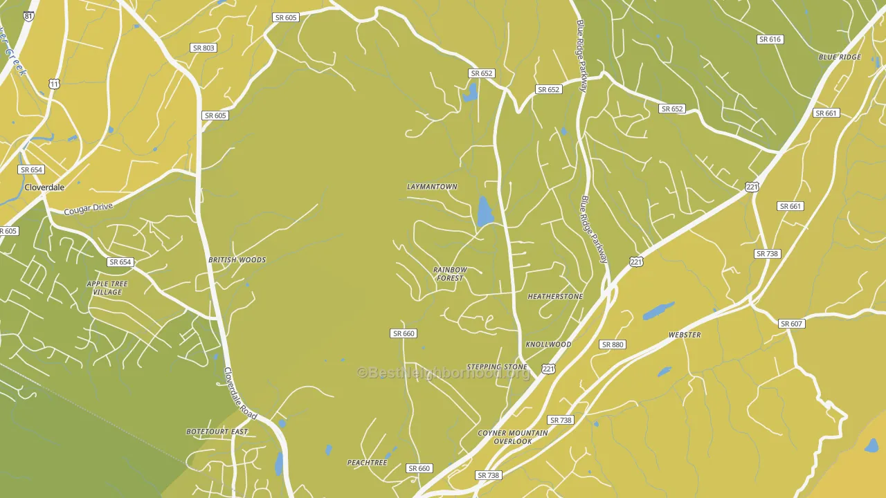 Map of the best neighborhoods in the Laymantown area, with better matches in green and worse matches in red