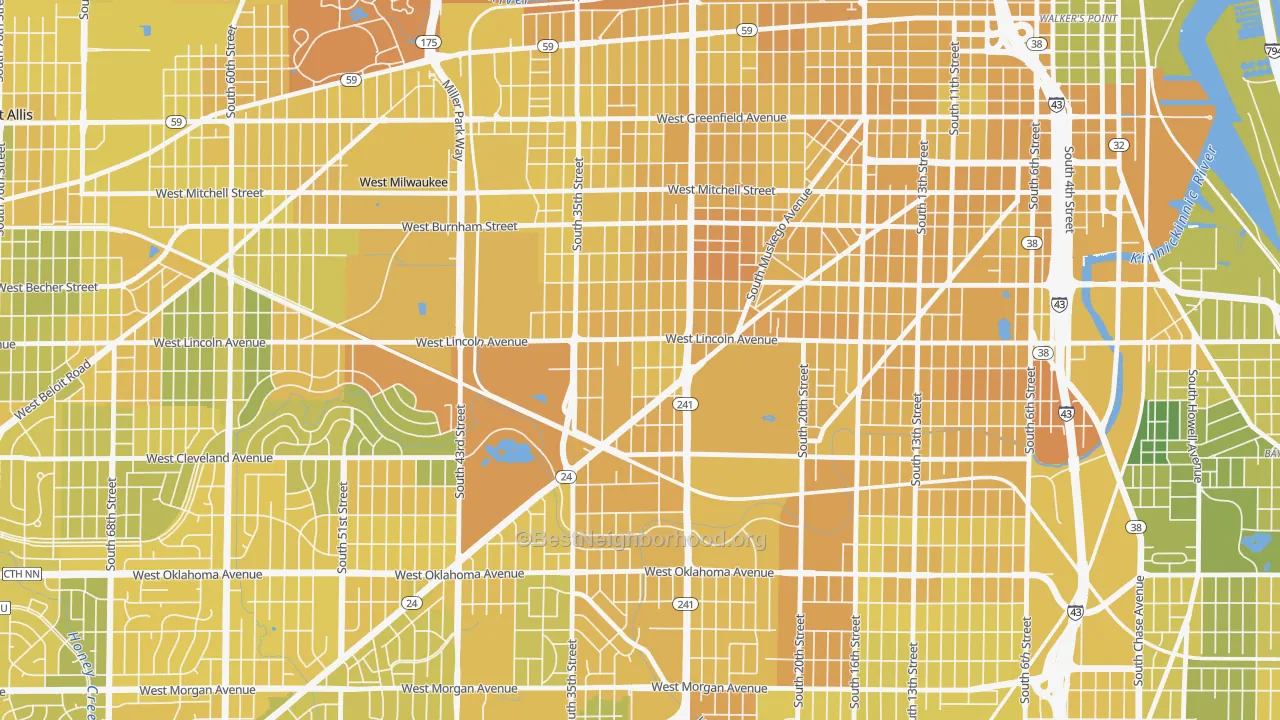 Map of the best neighborhoods in the Layton Park, Milwaukee area, with better matches in green and worse matches in red