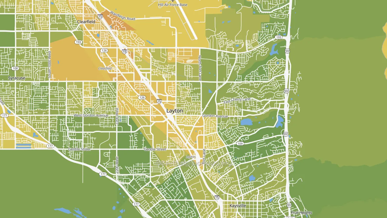 Map of the best neighborhoods in the Layton area, with better matches in green and worse matches in red