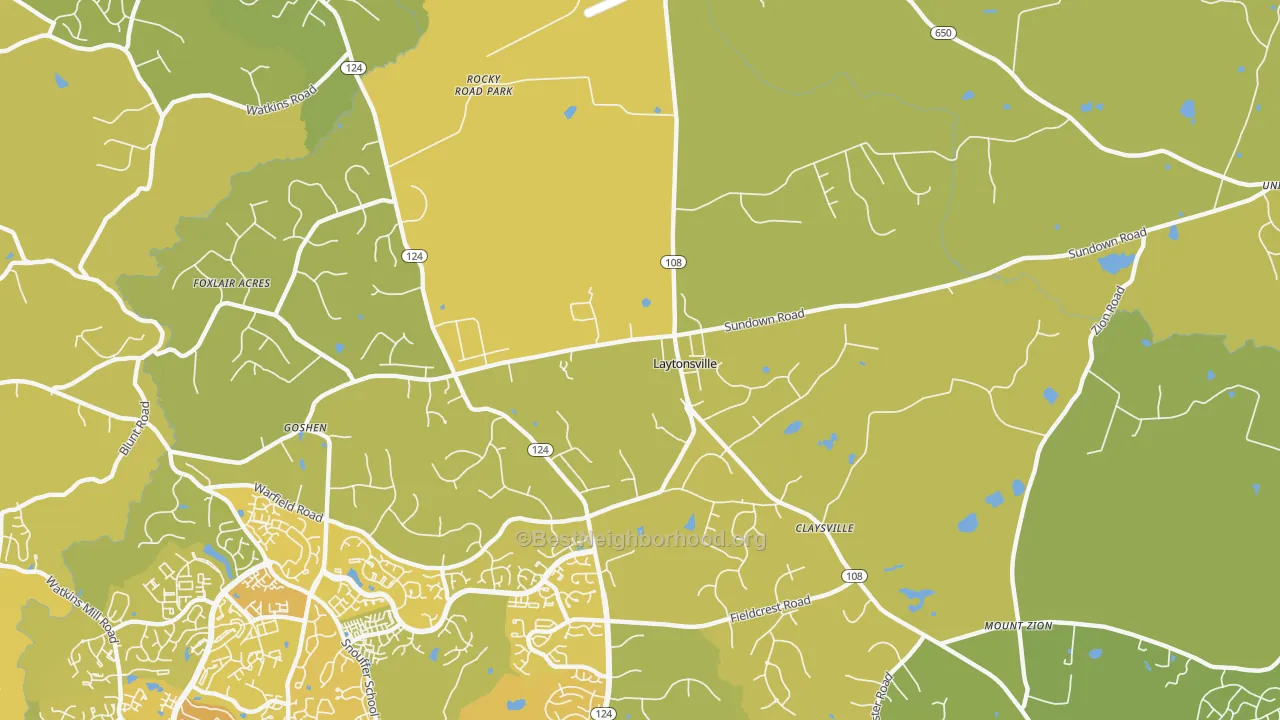 Map of the best neighborhoods in the Laytonsville area, with better matches in green and worse matches in red