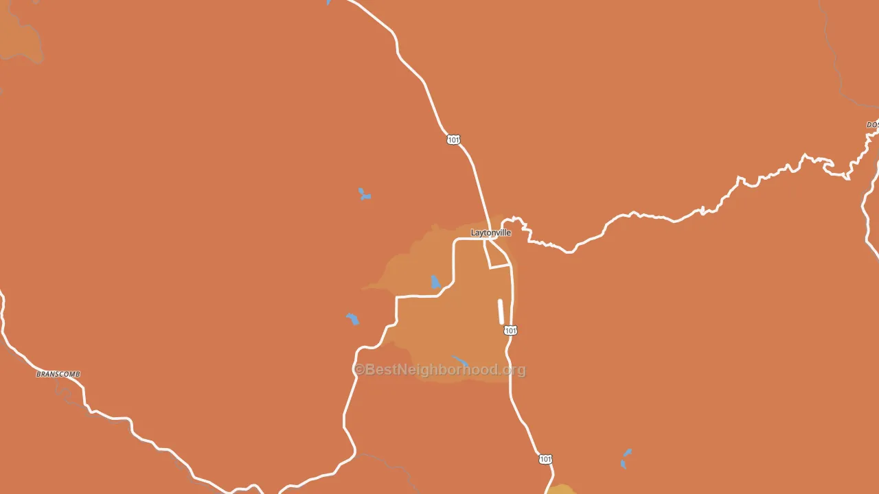 Map of the best neighborhoods in the Laytonville area, with better matches in green and worse matches in red