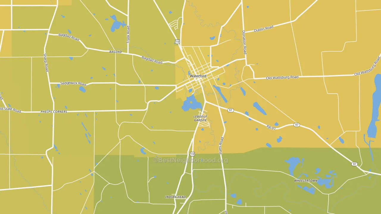 Map of the best neighborhoods in the Le Boeuf Gardens area, with better matches in green and worse matches in red