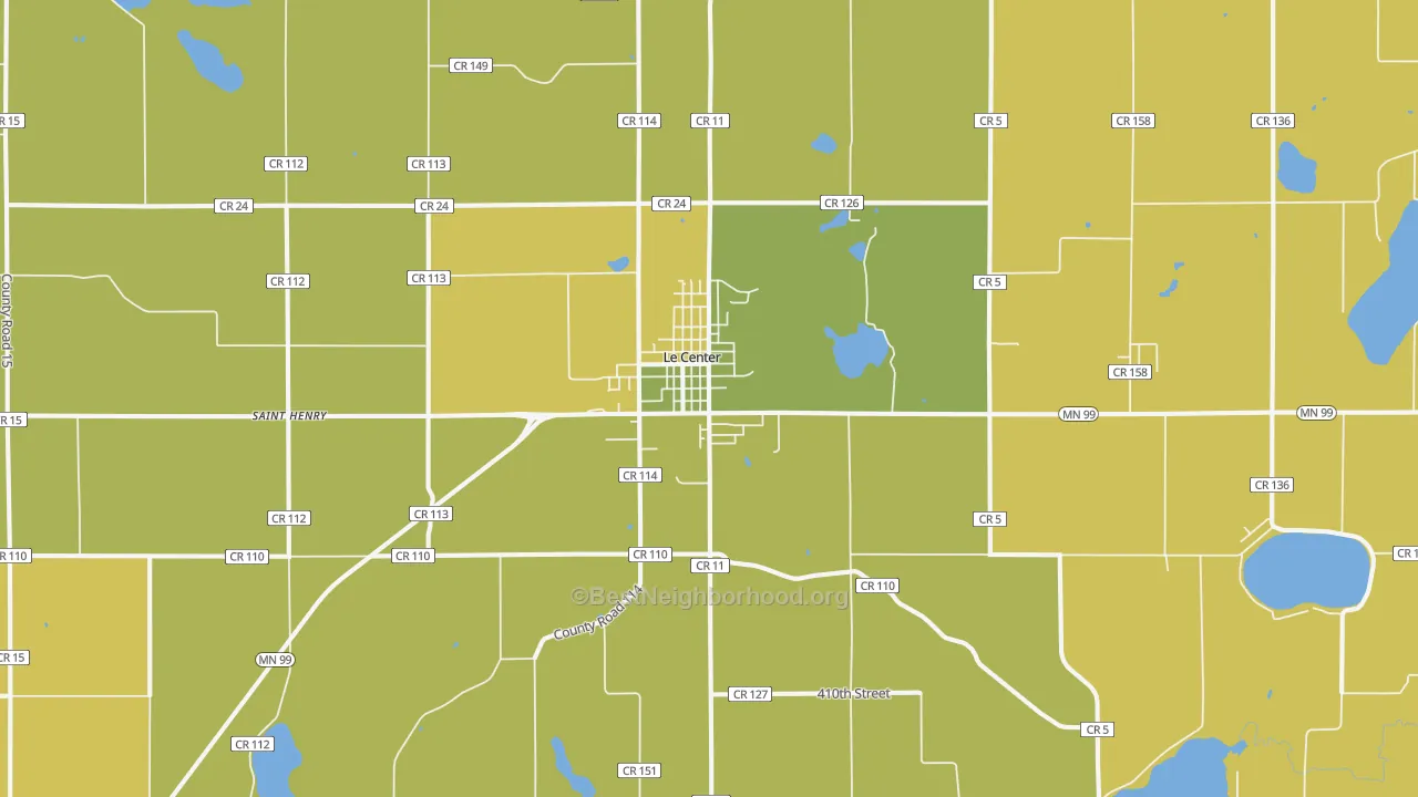 Map of the best neighborhoods in the Le Center area, with better matches in green and worse matches in red