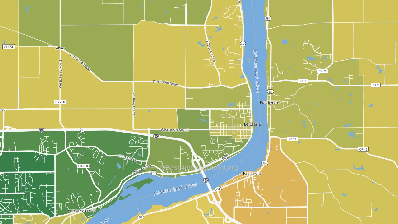 Map of the best neighborhoods in the Le Claire area, with better matches in green and worse matches in red