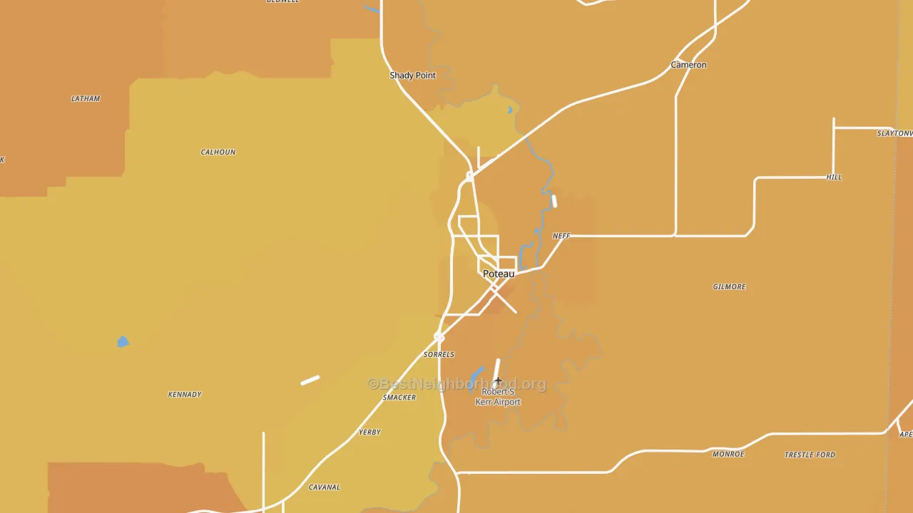 Map of the best neighborhoods in the Le Flore County area, with better matches in green and worse matches in red