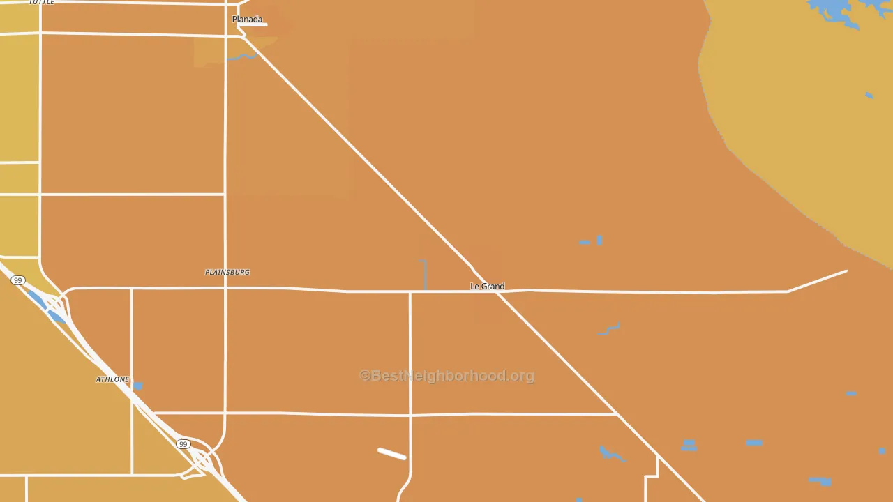 Map of the best neighborhoods in the Le Grand area, with better matches in green and worse matches in red