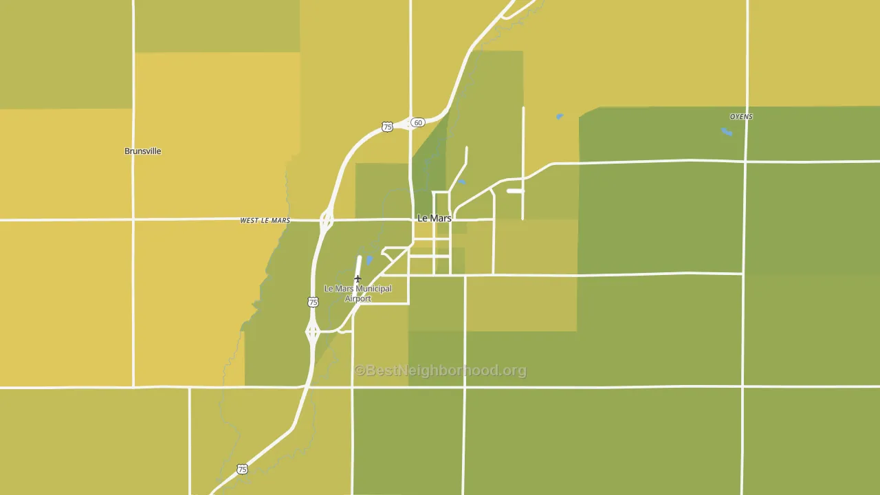 Map of the best neighborhoods in the Le Mars area, with better matches in green and worse matches in red