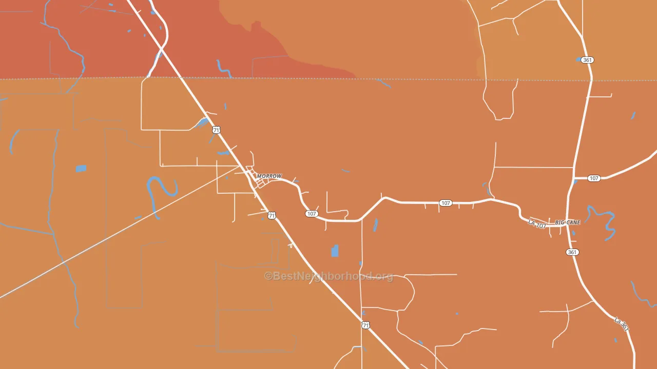 Map of the best neighborhoods in the Le Moyen area, with better matches in green and worse matches in red