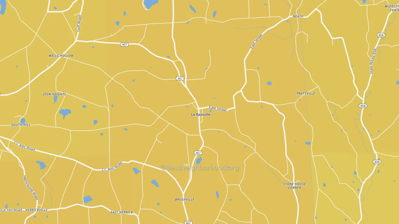 Map of the best neighborhoods in the Le Raysville area, with better matches in green and worse matches in red