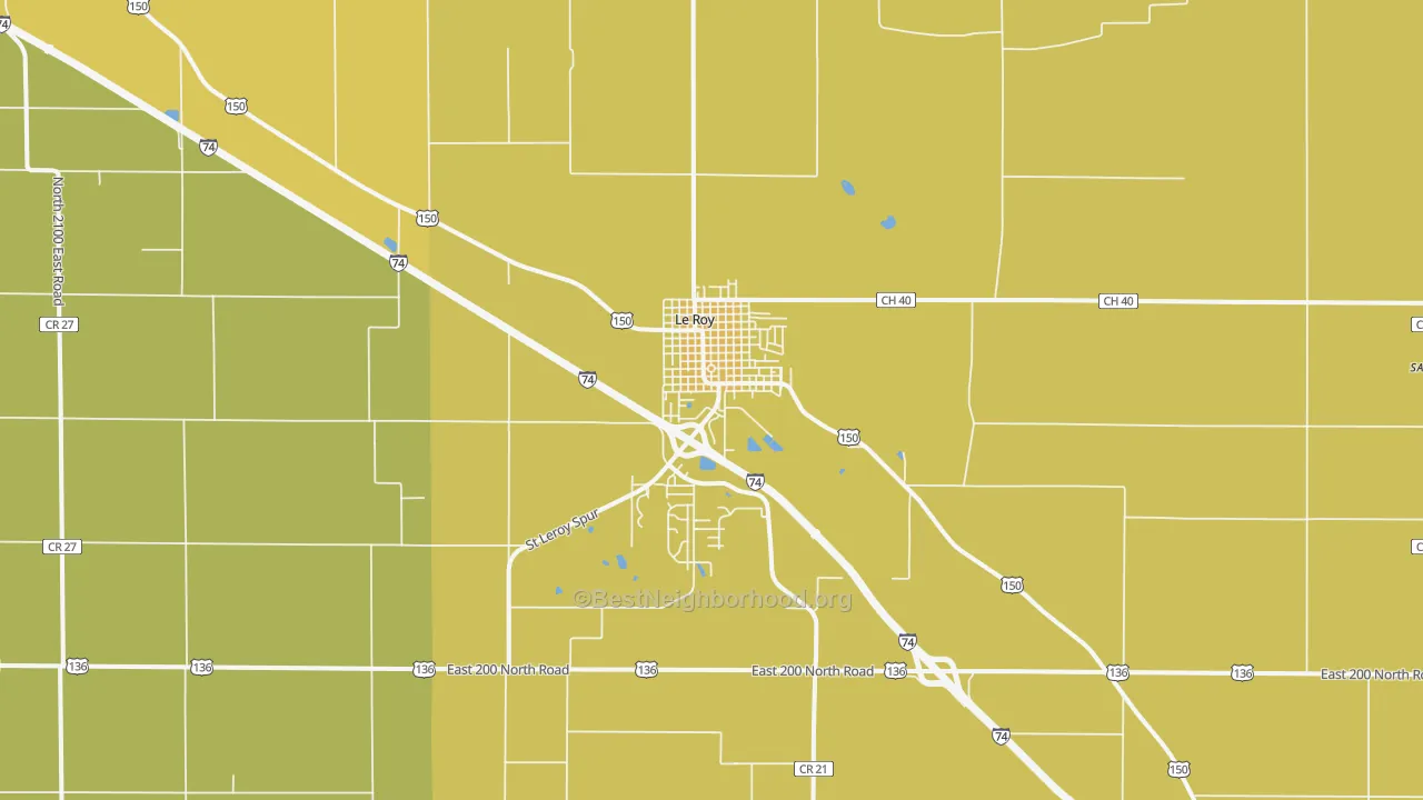Map of the best neighborhoods in the Le Roy area, with better matches in green and worse matches in red