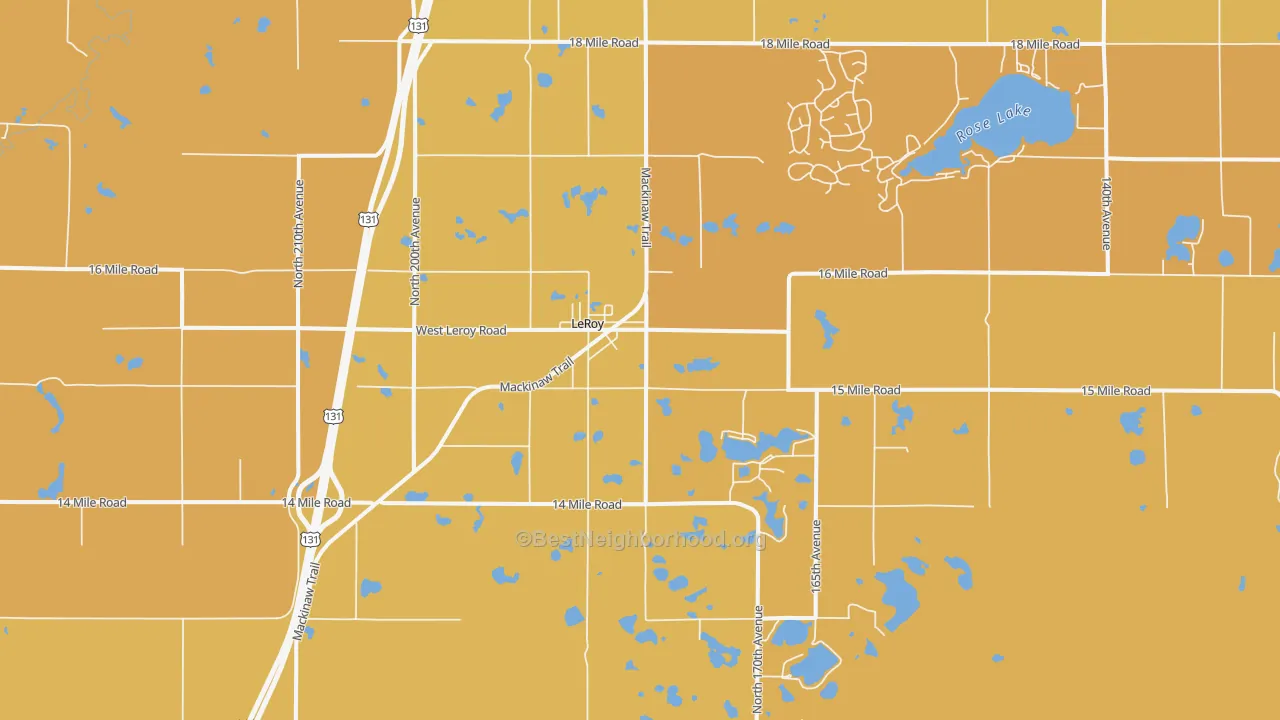 Map of the best neighborhoods in the Le Roy area, with better matches in green and worse matches in red