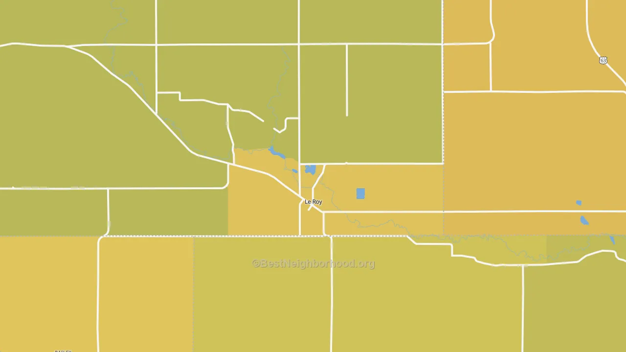 Map of the best neighborhoods in the Le Roy area, with better matches in green and worse matches in red