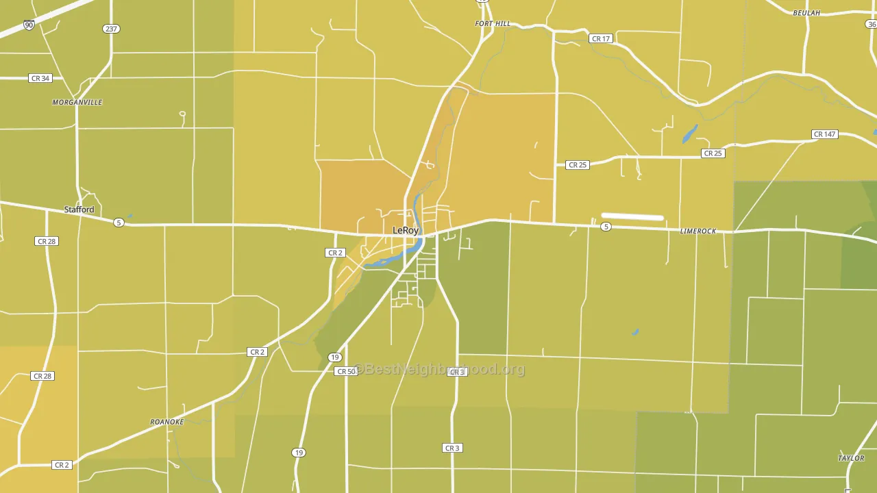 Map of the best neighborhoods in the Le Roy area, with better matches in green and worse matches in red